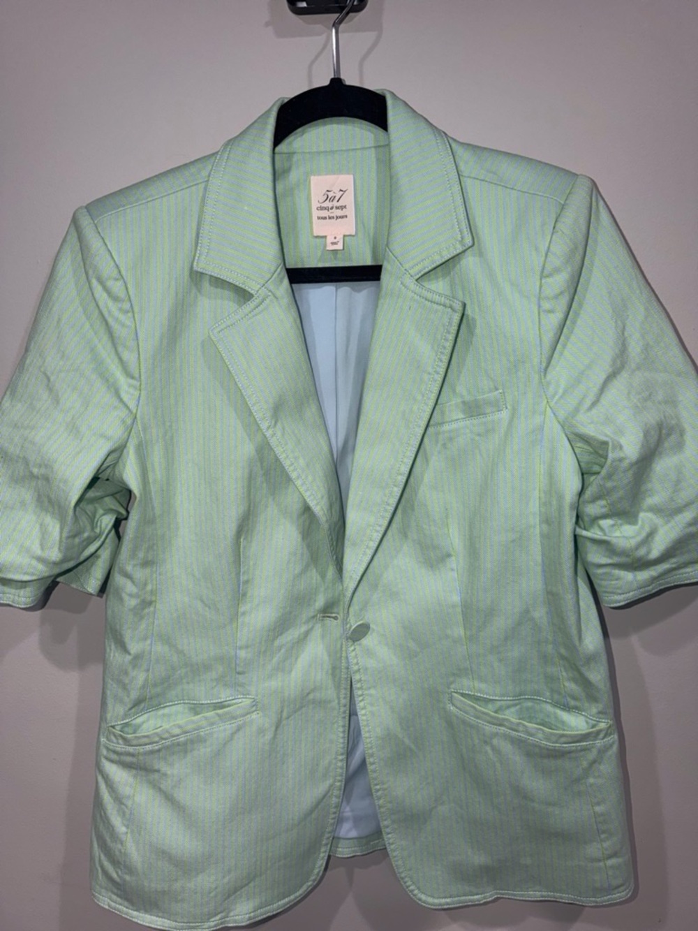 Cinq a sept Mint and blue pinstripe denim blazer Green Short Sleeve Blazer